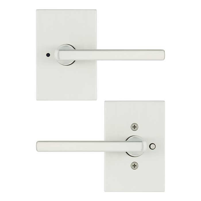 Kwikset Halifax Privacy Lever, San Clemente Rectangular Rose With 6-Way Adjustable Latch And Round Corner Strike, Satin Nickel