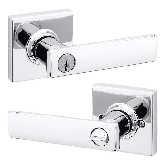 Kwikset Breton Keyed Entry Lever Smartkey With Square Rose, 6-Way Adjustable Latch And Round Corner Strike, Bright Polished Chrome
