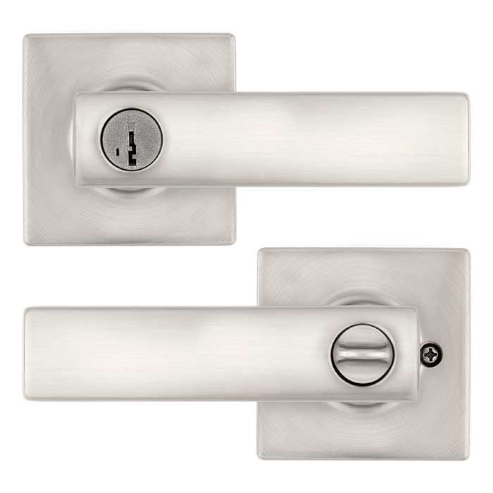 Kwikset Breton Keyed Entry Lever Smartkey With Square Rose, 6-Way Adjustable Latch And Round Corner Strike, Satin Nickel