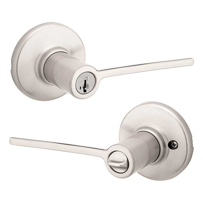 Kwikset Ladera Keyed Entry Lever With 6-Way Adjustable Latch And Round Corner Strike, Satin Nickel