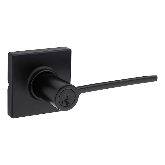 Kwikset Ladera Keyed Entry Lever Smartkey With Square Rose, 6-Way Adjustable Latch And Round Corner Strike, Matte Black