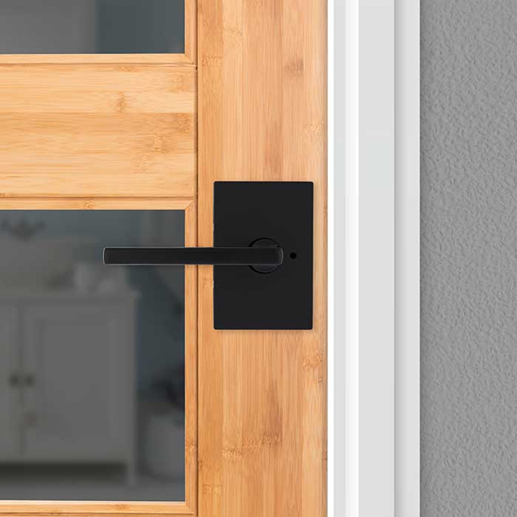 Kwikset Halifax Privacy Lever, San Clemente Rectangular Rose With 6-Way Adjustable Latch And Round Corner Strike, Matte Black