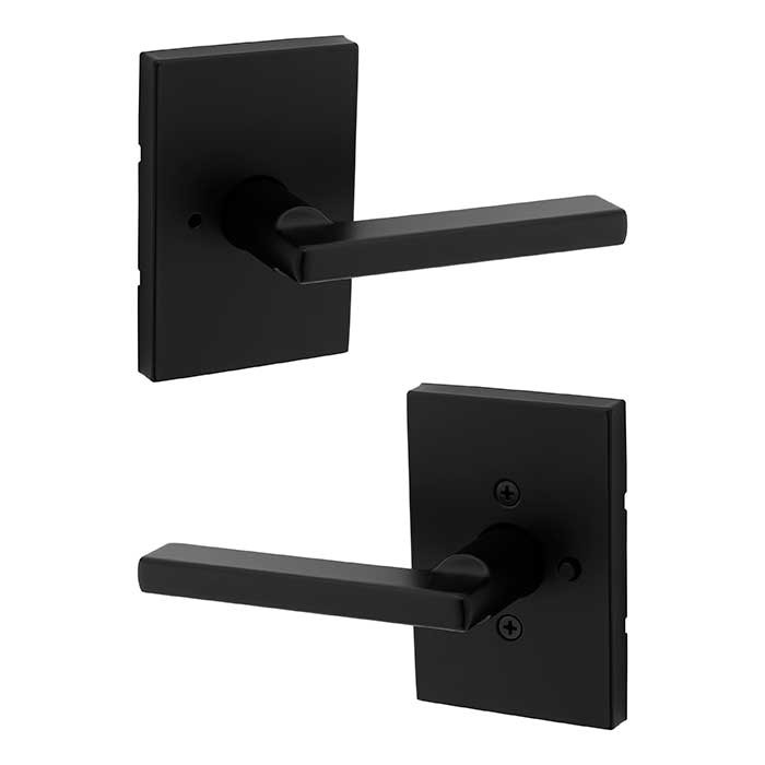 Kwikset Halifax Privacy Lever, San Clemente Rectangular Rose With 6-Way Adjustable Latch And Round Corner Strike, Matte Black