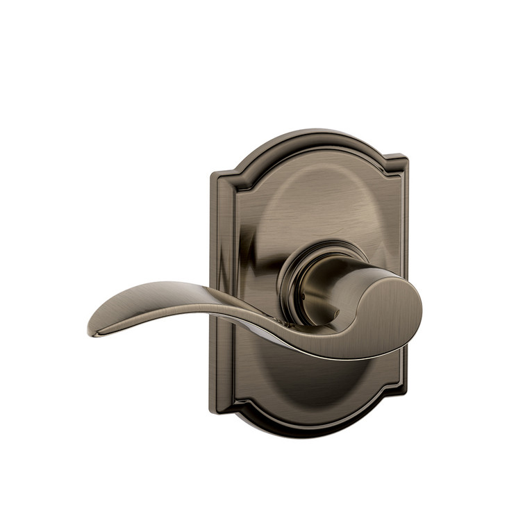 Schlage Residential F10 Accent Passage Lever Lock With Camelot Trim Function, Antique, Decorative, Satin Nickel Blackened