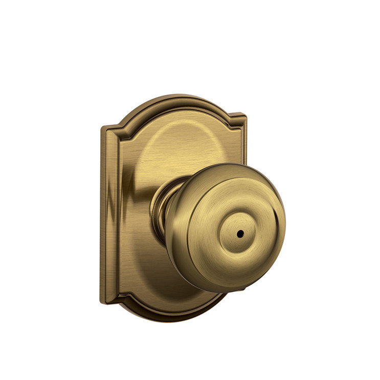 Schlage Residential F40 Georgian Privacy Knob Lock With Camelot Trim Function, Antique, Decorative, Satin Brass Blackened