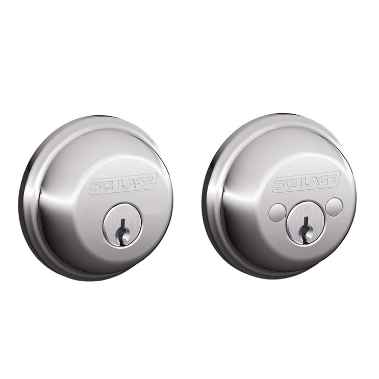 Schlage Residential B62 Double Cylinder Deadbolt, Dual Option Latch, Adjustable Backset, 1-1/8" X 2-3/4" Round Corner Strike, Bright Polished Chrome