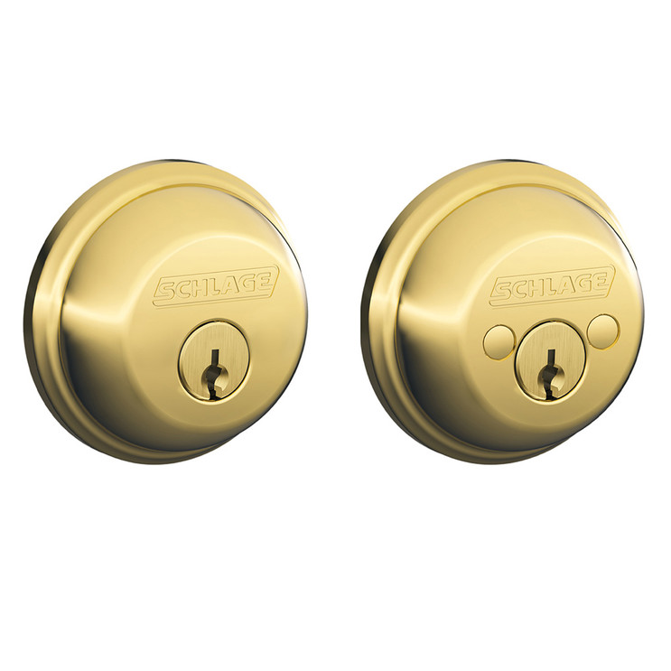Schlage Residential B62 Double Cylinder Deadbolt, Dual Option Latch, Adjustable Backset, 1-1/8" X 2-3/4" Round Corner Strike, Lifetime, Bright Brass