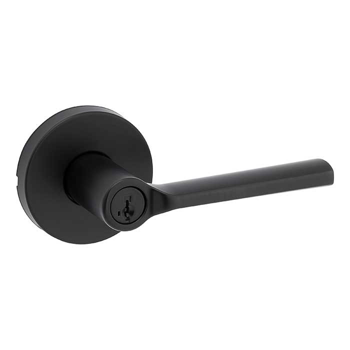 Kwikset Lisbon Keyed Entry Lever Smartkey, Round Rose With 6-Way Adjustable Latch And Round Corner Strike, Matte Black