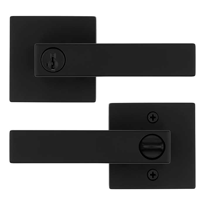Kwikset Singapore Keyed Entry Lever Smartkey, Square Rose With 6-Way Adjustable Latch And Round Corner Strike, Matte Black