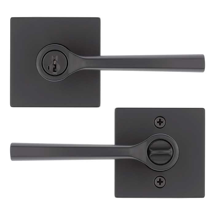 Kwikset Lisbon Keyed Entry Lever Smartkey, Square Rose With 6-Way Adjustable Latch And Round Corner Strike, Matte Black