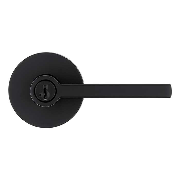 Kwikset Halifax Keyed Entry Lever Smartkey, Round Rose With 6-Way Adjustable Latch And Round Corner Strike, Matte Black