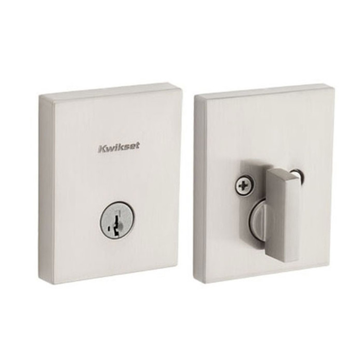 Kwikset San Clemente Single Cylinder Deadbolt Rectangular Rose Smartkey With 6-Way Adjustable Latch And Round Corner Strike, Satin Nickel