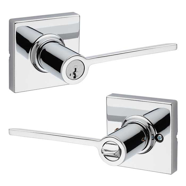 Kwikset Ladera Keyed Entry Lever Smartkey With Square Rose, 6-Way Adjustable Latch And Round Corner Strike, Bright Polished Chrome