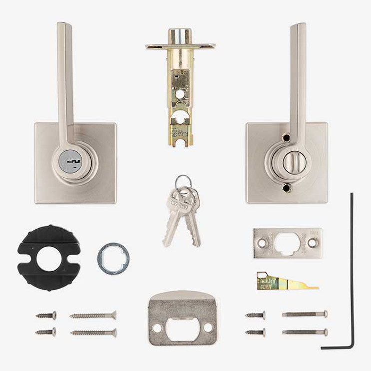 Kwikset Ladera Keyed Entry Lever Smartkey With Square Rose, 6-Way Adjustable Latch And Round Corner Strike, Satin Nickel