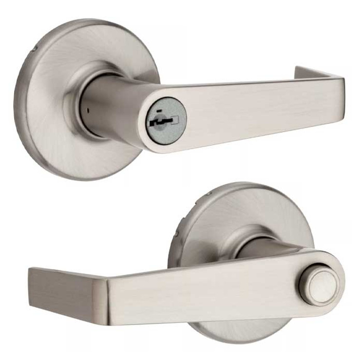 Kwikset Kingston Keyed Entry Lever Smartkey With Round Corner Adjustable Latch And 83031 Round Corner Full Lip Strike 3 Hour Ul, Satin Nickel