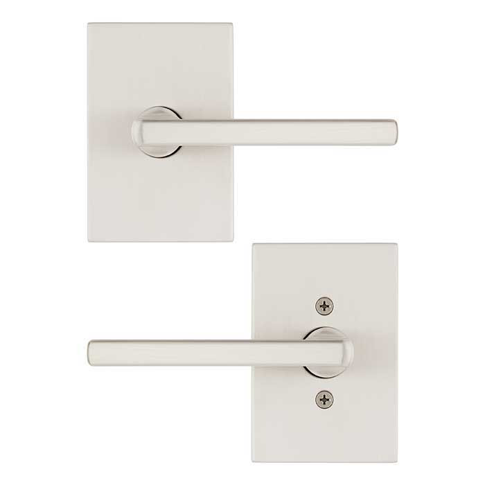 Kwikset Halifax Passage Lever, San Clemente Rectangular Rose With 6-Way Adjustable Latch And Round Corner Strike, Satin Nickel