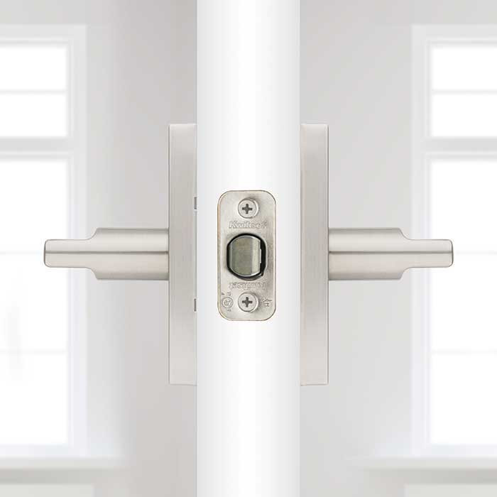 Kwikset Halifax Passage Lever, San Clemente Rectangular Rose With 6-Way Adjustable Latch And Round Corner Strike, Satin Nickel