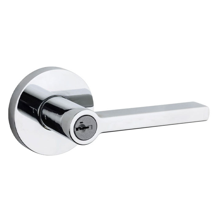 Kwikset Halifax Keyed Entry Lever Smartkey With Round Rose, 6-Way Adjustable Latch And Round Corner Strike, Bright Polished Chrome