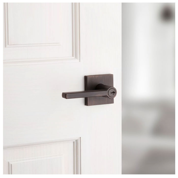 Kwikset Halifax Keyed Entry Lever Smartkey With Square Rose, 6-Way Adjustable Latch And Round Corner Strike, Venetian Bronze