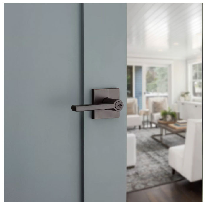 Kwikset Halifax Keyed Entry Lever Smartkey With Square Rose, 6-Way Adjustable Latch And Round Corner Strike, Venetian Bronze