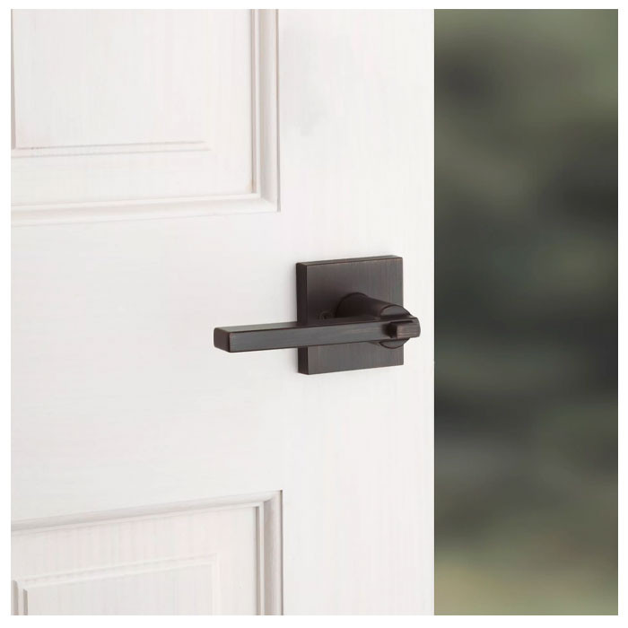 Kwikset Halifax Keyed Entry Lever Smartkey With Square Rose, 6-Way Adjustable Latch And Round Corner Strike, Venetian Bronze