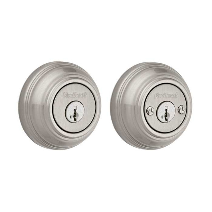 Kwikset 985 Double Cylinder Deadbolt, Round Rose, Smartkey, 6-Way Adjustable Latch, Round And Square Corner Strikes, Keyed Alike, Satin Nickel