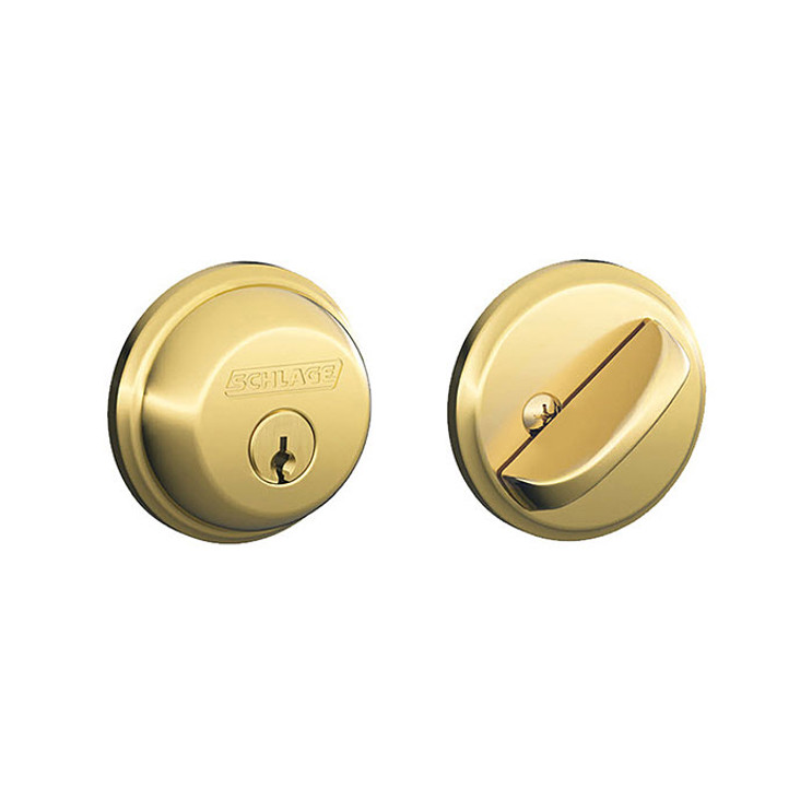 Schlage Residential B60 Deadbolt Single Cylinder, Dual Option Latch, Adjustable Backset, 1-1/8" X 2-3/4" Round Corner Strike, Bright Polished Brass