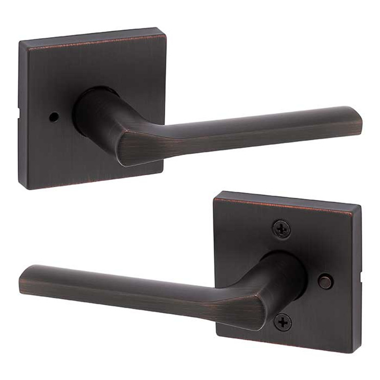 Kwikset Lisbon Privacy Lever, Square Rose With 6-Way Adjustable Latch And Round Corner Strike, Venetian Bronze