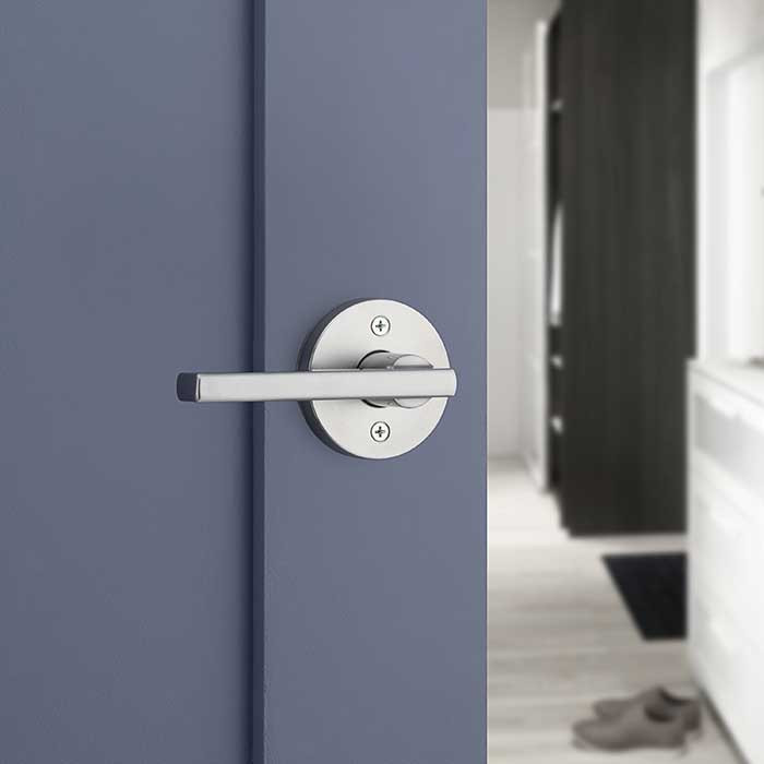 Kwikset Halifax Privacy Lever, Round Rose With 6-Way Adjustable Latch And Round Corner Strike, Satin Chrome
