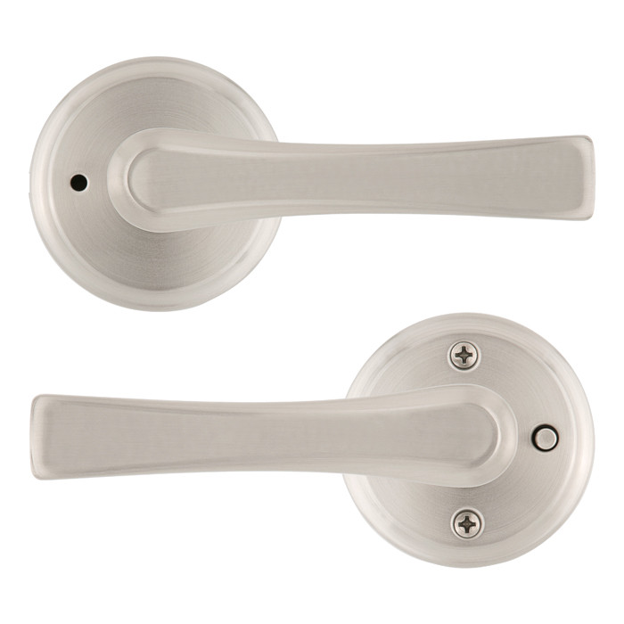 Kwikset Katella Privacy Lever With 6-Way Adjustable Latch And Round Corner Strike, Satin Nickel