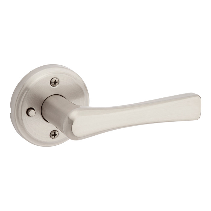 Kwikset Katella Privacy Lever With 6-Way Adjustable Latch And Round Corner Strike, Satin Nickel