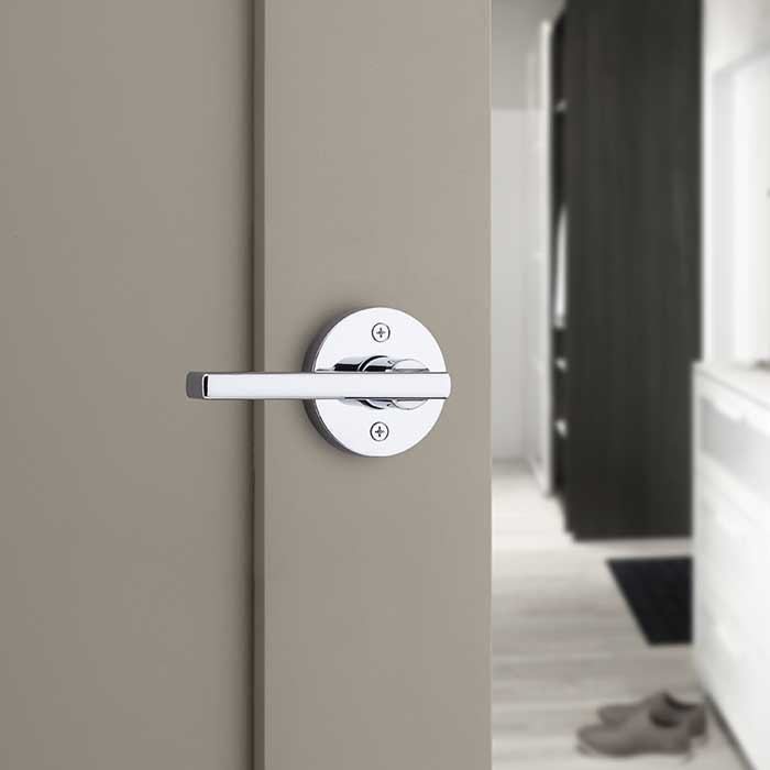 Kwikset Halifax Privacy Lever, Round Rose With 6-Way Adjustable Latch And Round Corner Strike, Bright Polished Chrome