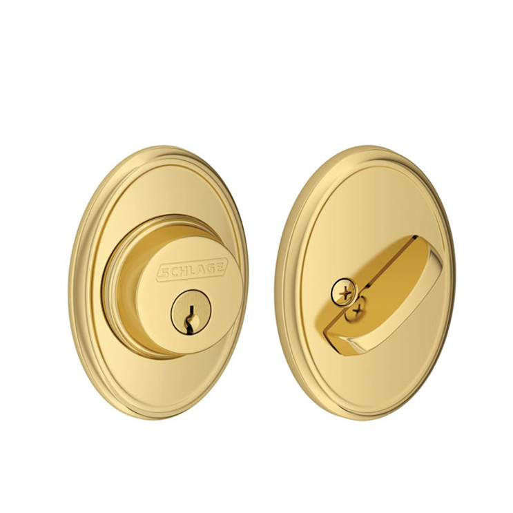 Schlage Residential B60 Deadbolt With Wakefield Trim Single Cylinder, Dual Option Latch, Adjustable Backset, 1-1/8" X 2-3/4" Round Corner Strike, Decorative, Bright Polished Brass