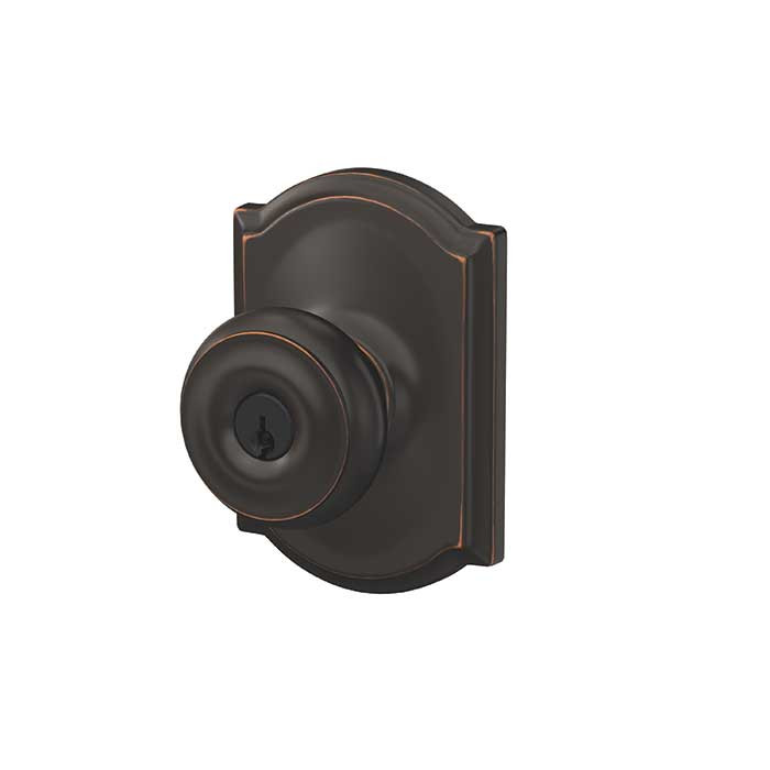 Schlage Residential F51A Georgian Keyed Entry Knob Lock With Camelot Trim Function, Decorative, Aged Bronze