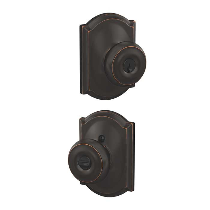 Schlage Residential F51A Georgian Keyed Entry Knob Lock With Camelot Trim Function, Decorative, Aged Bronze