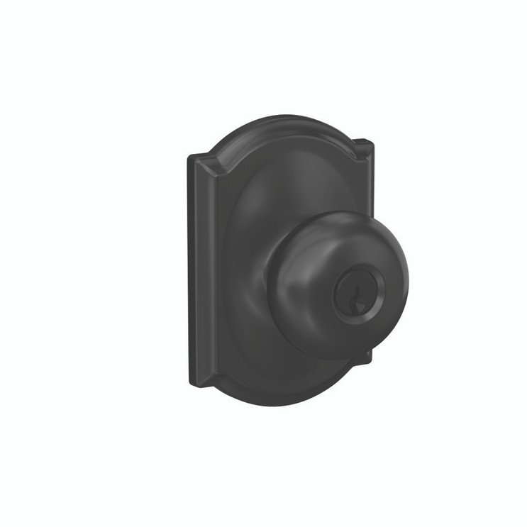 Schlage Residential F51A Plymouth Keyed Entry Knob Lock With Camelot Trim Function, Decorative, Matte Black