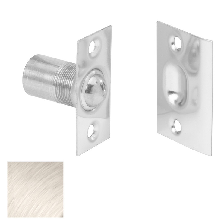 Ives Dual Adjustable Ball Catch-Square Corners Threaded Barrel With Strike, 1" Wide X 2-1/8" High Face Plate, Wrought Brass, Satin Nickel