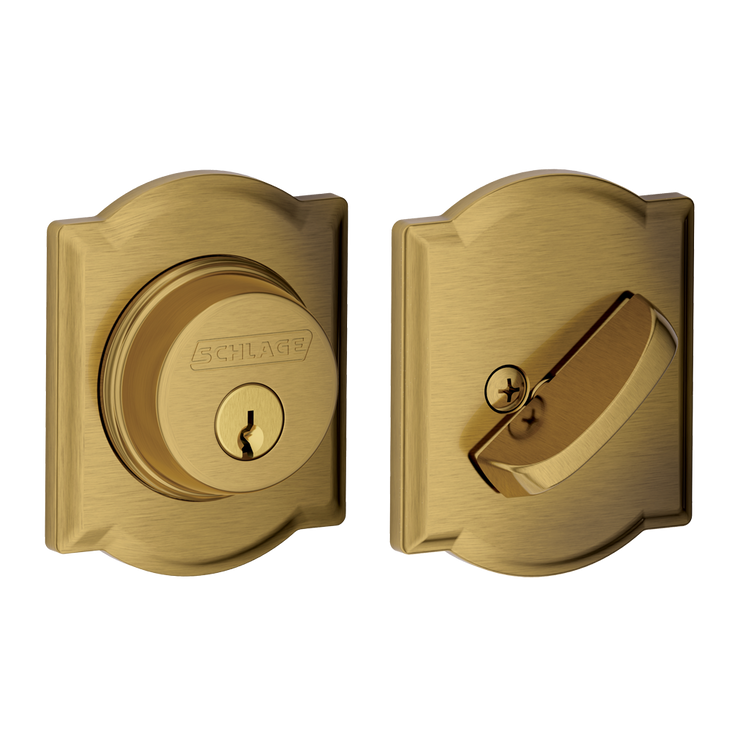 Schlage Residential B60 Deadbolt With Camelot Trim Single Cylinder, Dual Option Latch, Adjustable Backset, 1-1/8" X 2-3/4" Round Corner Strike, Antique, Decorative, Satin Brass Blackened
