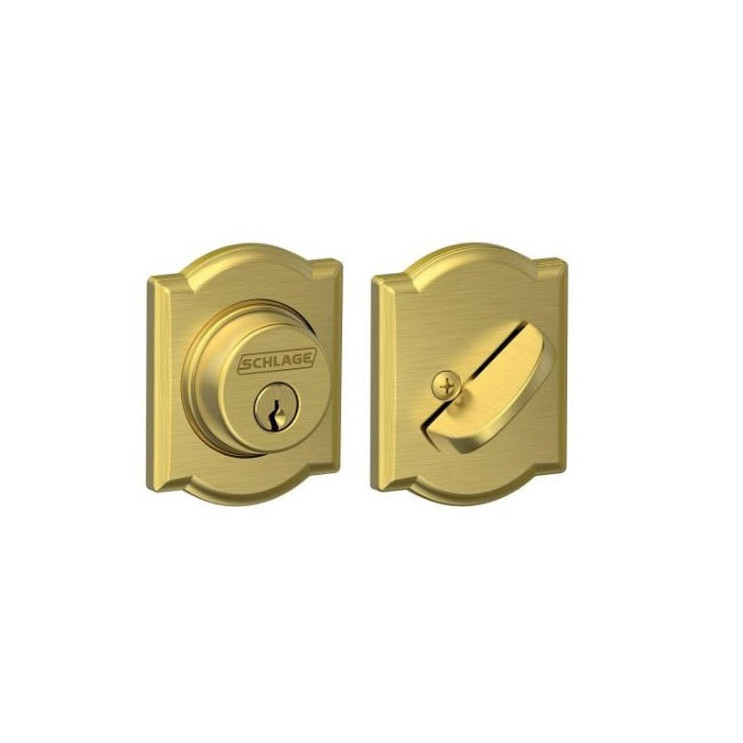 Schlage Residential B60 Deadbolt With Camelot Trim Single Cylinder, Dual Option Latch, Adjustable Backset, 1-1/8" X 2-3/4" Round Corner Strike, Decorative, Satin Brass