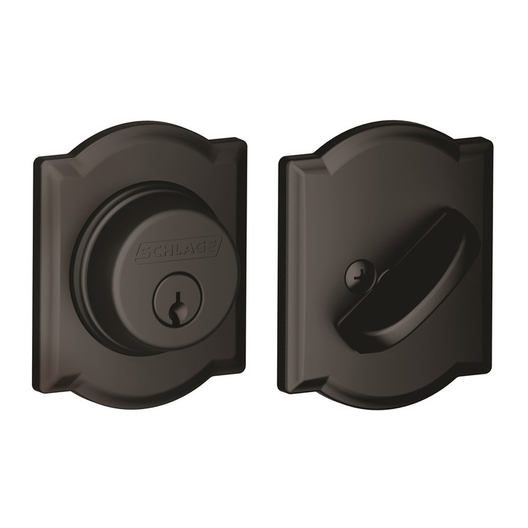Schlage Residential B60 Deadbolt With Camelot Trim Single Cylinder, Dual Option Latch, Adjustable Backset, 1-1/8" X 2-3/4" Round Corner Strike, Decorative, Matte Black