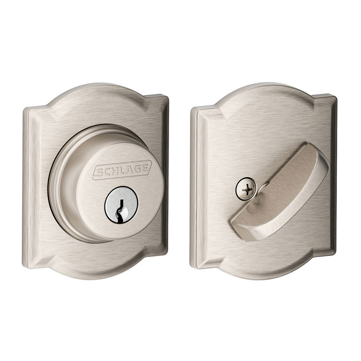 Schlage Residential B60 Deadbolt With Camelot Trim Single Cylinder, Dual Option Latch, Adjustable Backset, 1-1/8" X 2-3/4" Round Corner Strike, Decorative, Satin Nickel