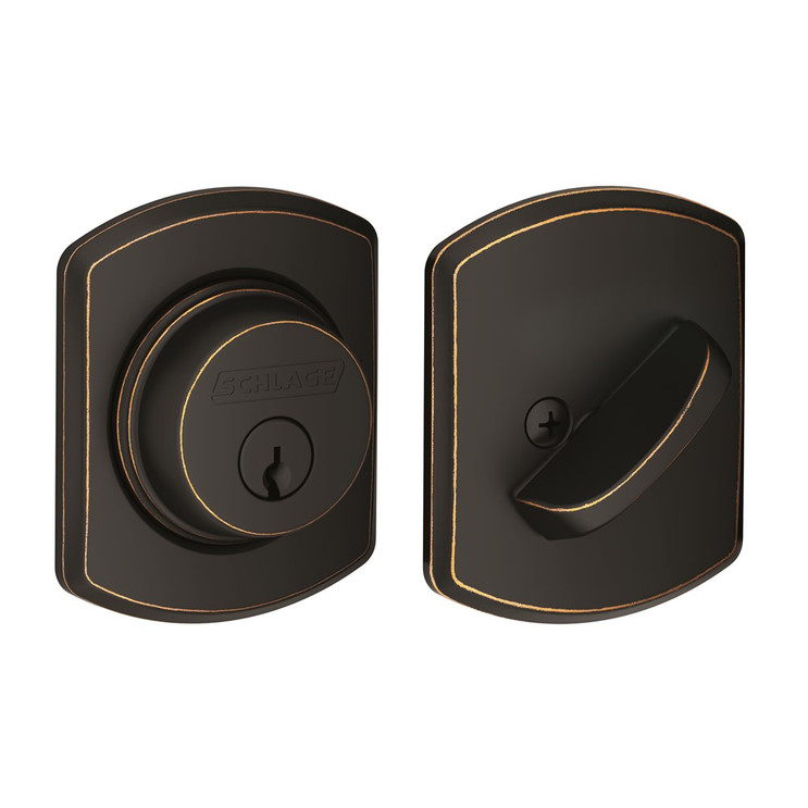 Schlage Residential B60 Deadbolt With Greenwich Trim Single Cylinder, Dual Option Latch, Adjustable Backset, 1-1/8" X 2-3/4" Round Corner Strike, Decorative, Aged Bronze
