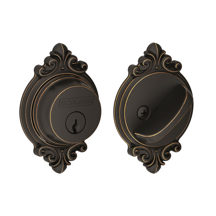 Schlage Residential B60 Deadbolt With Brookshire Trim Single Cylinder, Dual Option Latch, Adjustable Backset, 1-1/8" X 2-3/4" Round Corner Strike, Decorative, Aged Bronze