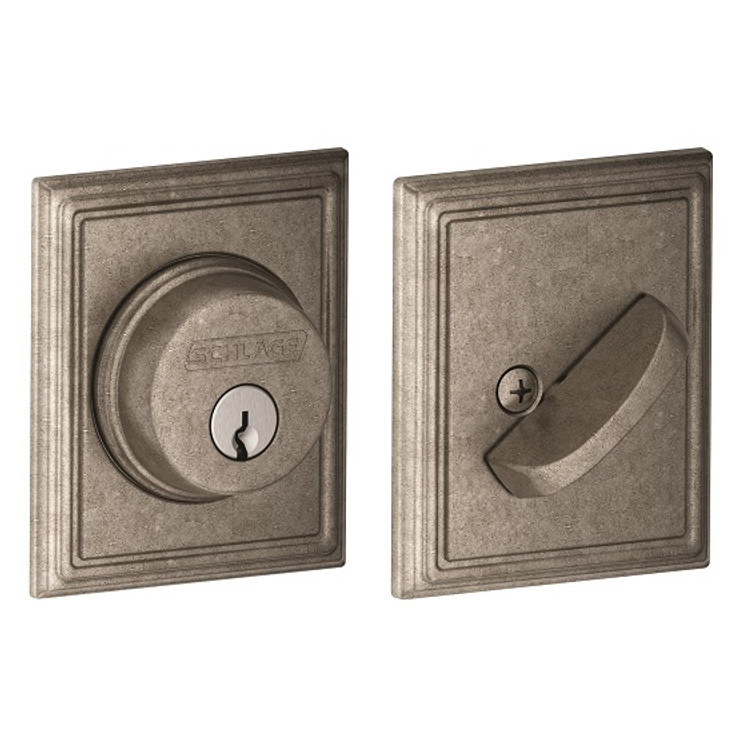 Schlage Residential B60 Deadbolt With Addison Trim Single Cylinder, Dual Option Latch, Adjustable Backset, 1-1/8" X 2-3/4" Round Corner Strike, Distressed, Decorative, Nickel Plated Blackened