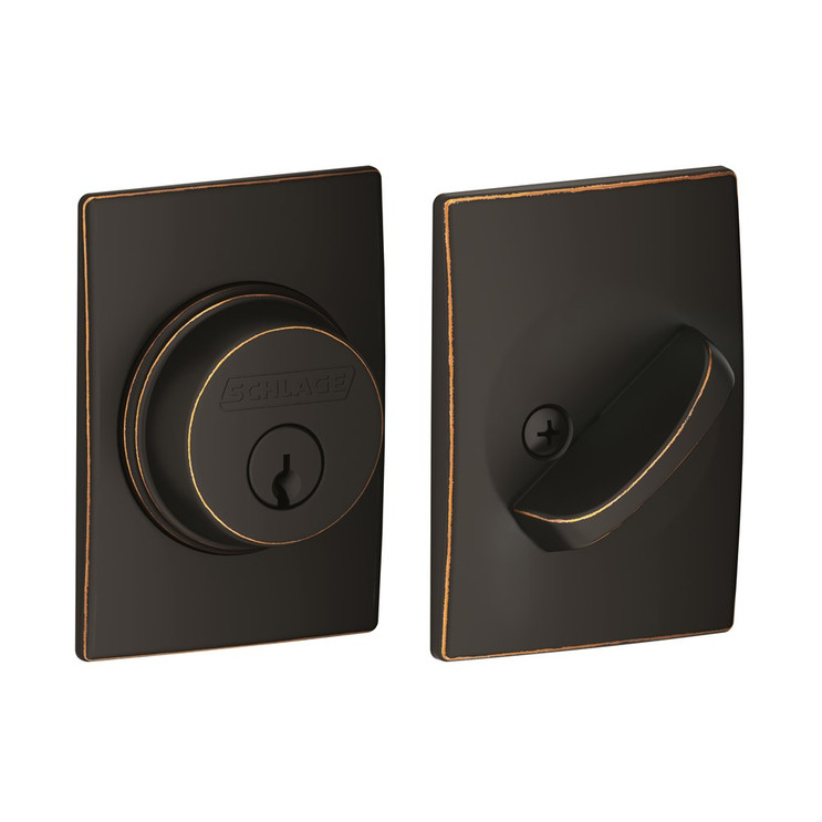Schlage Residential B60 Deadbolt With Century Trim Single Cylinder, Dual Option Latch, Adjustable Backset, 1-1/8" X 2-3/4" Round Corner Strike, Decorative, Aged Bronze