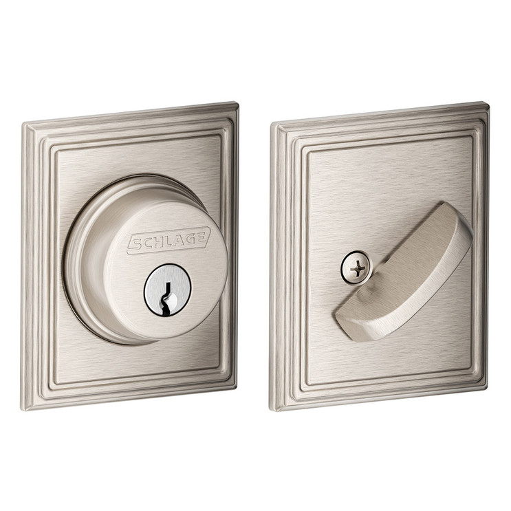 Schlage Residential B60 Deadbolt With Addison Trim Single Cylinder, Dual Option Latch, Adjustable Backset, 1-1/8" X 2-3/4" Round Corner Strike, Decorative, Satin Nickel