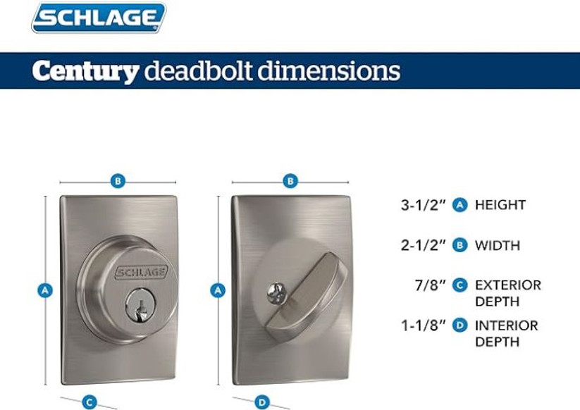 Schlage Residential B60 Deadbolt With Century Trim Single Cylinder, Dual Option Latch, Adjustable Backset, 1-1/8" X 2-3/4" Round Corner Strike, Decorative, Satin Chrome