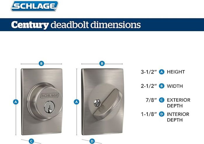 Schlage Residential B60 Deadbolt With Century Trim Single Cylinder, Dual Option Latch, Adjustable Backset, 1-1/8" X 2-3/4" Round Corner Strike, Decorative, Bright Polished Chrome