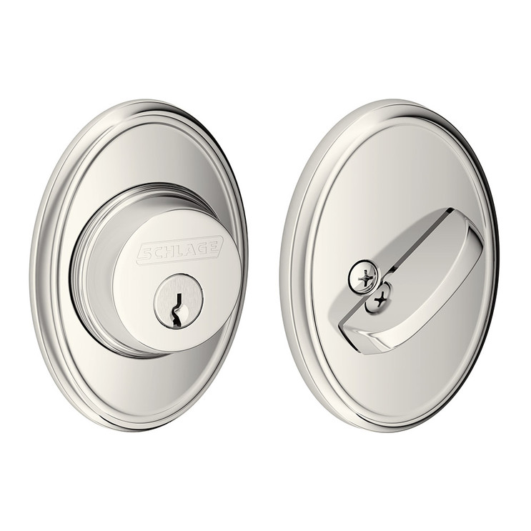 Schlage Residential B60 Deadbolt With Wakefield Trim Single Cylinder, Dual Option Latch, Adjustable Backset, 1-1/8" X 2-3/4" Round Corner Strike, Decorative, Bright Polished Nickel
