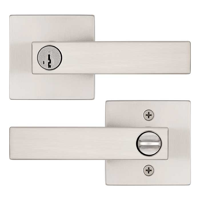 Kwikset Singapore Keyed Entry Lever Smartkey, Square Rose With 6-Way Adjustable Latch And Round Corner Strike, Satin Nickel